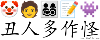 Emoji: 🤡 🧑 👨‍👩‍👧‍👦 📝 👾 , Text: 醜人多作怪